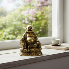 Buddha-Statue auf Fensterbank Goldene Buddha-Statue auf einem Fensterbrett mit Teetasse und Buch im Hintergrund.