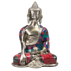 Bhumisparsha – Buddha in Silber mit Mosaik, 20 cm Buddha Shakyamuni, Bhumisparsha Mudra, Silber, Mosaik-Finish, 20 cm