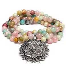 Zeige Details für Mala Kette Rosenquarz Amazonit mit Lotus Anhänger Bild von Mala Kette Rosenquarz Amazonit mit Lotus Anhänger