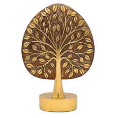 Baumskulptur auf Sockel Bronzefarbene Baumskulptur mit stilisierten Blättern auf rundem Sockel