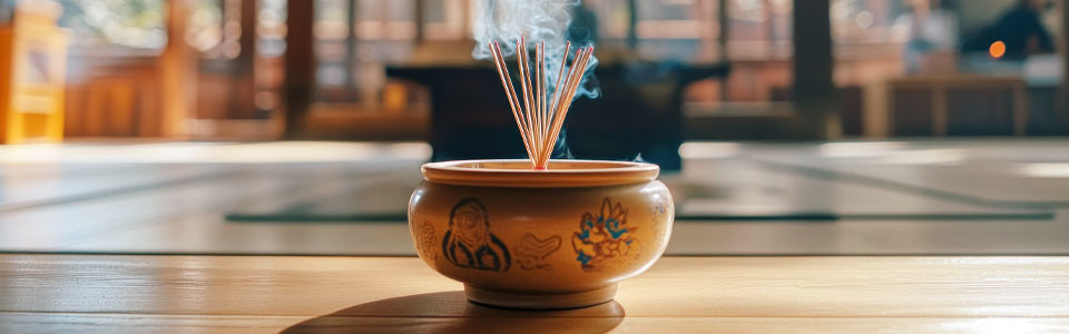 Räucherstäbchen in traditionellem Tempel Räucherstäbchen in einem dekorativen Gefäß, Hintergrund zeigt einen traditionell gestalteten Tempelraum