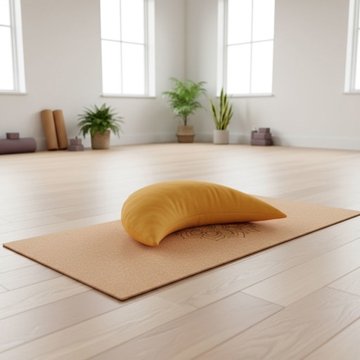 Yoga Raum mit Kissen auf Matte Ein heller Yoga-Raum mit einem halbmondförmigen Kissen auf einer Matte, umgeben von Pflanzen und Yoga-Zubehör.