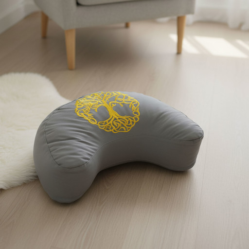 Graues Meditationskissen auf Holzboden Graues, mondförmiges Meditationskissen mit gelbem Baumdesign auf hellem Holzboden neben einem weißen Teppich.