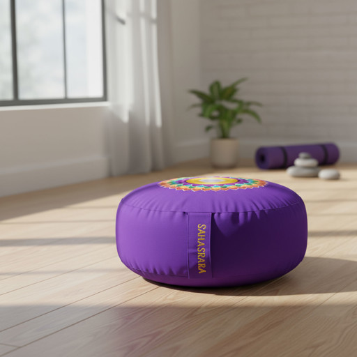 Lila Meditationskissen im Raum Lila Meditationskissen mit Chakra-Muster, Yoga-Matte und Steine im sonnigen Raum