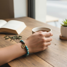 Hand mit Armband und Tasse Kaffee Eine Hand mit einem türkisfarbenen Armband hält eine Tasse Kaffee. Auf dem Tisch liegen ein geöffnetes Buch, Teeblätter und eine kleine Pflanze.