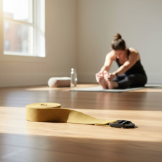 Yogaübung mit Gurt auf Holzboden Eine Person führt auf einer Yogamatte Dehnübungen durch, im Vordergrund liegt ein Yoga-Gurt auf einem Holzboden.