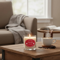 Gemütliches Wohnzimmer mit Kerze und Kaffee Ein Wohnzimmer mit einer brennenden Kerze, einer Tasse Cappuccino und einem Buch auf einem Tisch