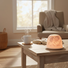 Gemütlicher Wohnbereich mit Lampe Holztisch mit Tasse, Buch, Brille und leuchtender Lampe in einem Wohnzimmer.