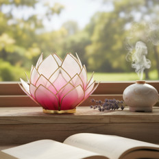 Lotusleuchte und Aromadiffusor am Fenster Eine rosa Lotusleuchte und ein rauchender Aromadiffusor stehen auf einer Holzbank, im Hintergrund ist ein verschwommener Garten zu sehen.