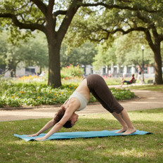 Frau beim Yoga im Park Frau macht Yogaübung im Park auf einer blauen Matte
