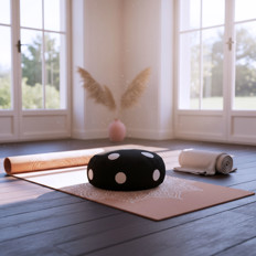 Yoga-Setup mit Meditationskissen Ein Meditationskissen auf einer Yogamatte in einem hellen Raum mit großen Fenstern und einer Vase mit getrockneten Pflanzen.