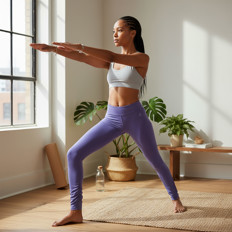 Frau beim Yoga im Wohnzimmer Frau in grauem Sport-BH und lila Leggings macht Yoga im Wohnzimmer, umgeben von Pflanzen und Sonnenlicht.