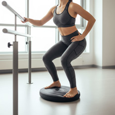 Frau trainiert auf Balance Pad im Fitnessstudio Frau macht Balanceübung auf einem Balance Pad neben Barre im Fitnessstudio
