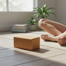 Yoga-Übung mit Yoga-Block Person sitzt auf Yogamatte, Yoga-Block im Vordergrund