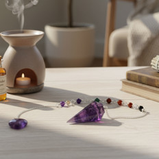 Esoterik Tischdekoration mit Kristall Ein Tisch mit einem Kristallpendel, Aromalampenset und Kerze.