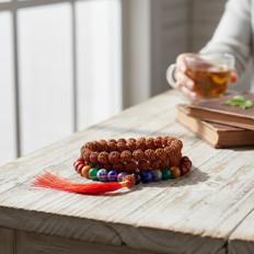 Armband mit Tee und Büchern auf einem Tisch Ein Armband mit braunen und bunten Perlen liegt auf einem Holztisch. Im Hintergrund hält eine Person eine Tasse Tee, daneben liegen Bücher.