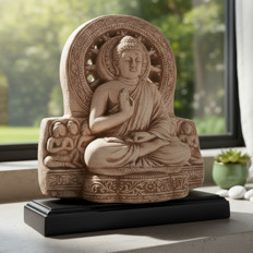 Buddhastatue auf Fensterbank Buddhastatue aus Stein auf einer Fensterbank mit Dekoration