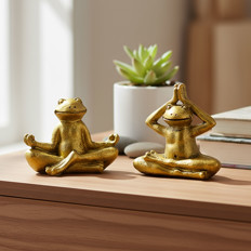 Zwei goldene Froschfiguren in Meditationspose Zwei goldene Froschfiguren in Meditationspose auf einem Tisch neben einem Kaktus.