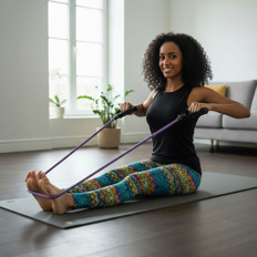 Frau beim Heimtraining mit Fitnessband Frau mit lockigem Haar trainiert auf einer Yogamatte mit einem Fitnessband in einem hellen Raum.