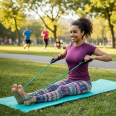 Fitness im Park mit Widerstandsband Frau macht Fitnessübungen mit einem Widerstandsband auf einer Matte im Park.