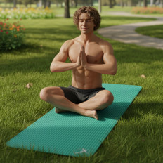 Mann meditiert im Freien auf Yogamatte Ein junger Mann meditiert im Freien auf einer grünen Yogamatte, sitzt im Schneidersitz und hält die Hände vor der Brust zusammen.