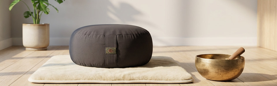 Meditationsset mit Kissen und Klangschale Graues Meditationskissen auf einer Matte neben einer Klangschale in einem hellen Raum