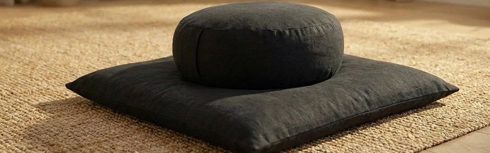 Meditationskissen-Set auf Teppich Ein rundes Meditationskissen auf einem quadratischen Bodenkissen, platziert auf einem strukturierten Teppichboden.