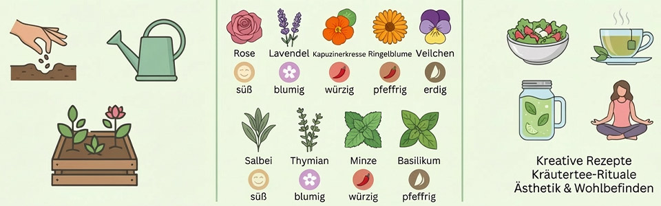 Übersicht über Kräuter und ihre Eigenschaften Illustrationen von Kräutern, deren Geschmacksnoten und Anwendungen.