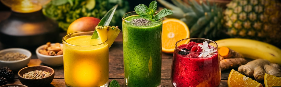 Bunte Smoothies mit frischen Zutaten Drei Gläser mit gelbem, grünem und rotem Smoothie, umgeben von frischen Früchten und Gemüse.