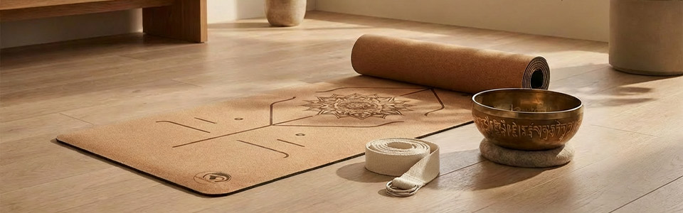 Yoga-Ausrüstung auf Holzfußboden Yoga-Matte, Riemen, Klangschale und gerollte Matte auf einem Holzboden.