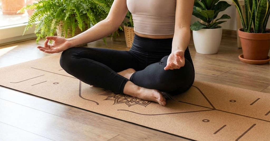 Person meditiert auf Yogamatte im Innenraum Eine Person sitzt im Schneidersitz auf einer Yogamatte und meditiert, umgeben von Zimmerpflanzen.