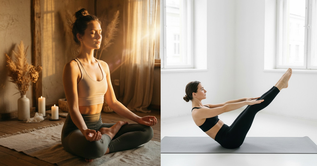 Zwei Frauen bei Yoga- und Meditationsübungen Vergleichsbild: Links Yoga Meditation, rechts dynamisches Pilates Training
