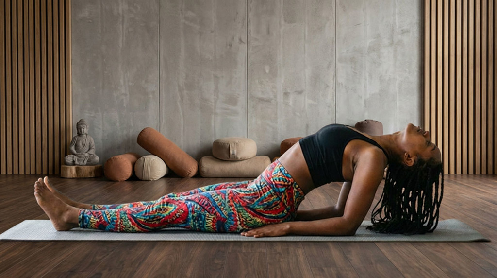 Yogaübung in ruhigem Studio Person führt auf einer Matte eine Rückbeuge-Yogaübung in einem studioähnlichen Raum mit Kissen und Buddhafigur im Hintergrund aus.