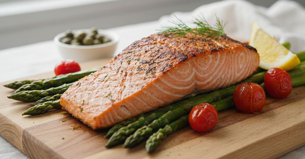 Gegrillter TOFU-Lachs mit Spargel und Tomaten Ein Stück gegrillter TOFU-Lachs auf grünem Spargel mit Kirschtomaten und Zitronenscheibe serviert