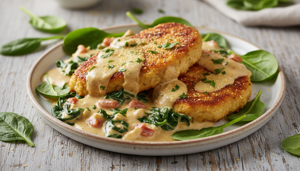Gebratene Patties mit cremiger Spinatsauce Zwei gebratene Patties auf einem Teller, serviert mit cremiger Sauce, Spinat und Tomatenstücken