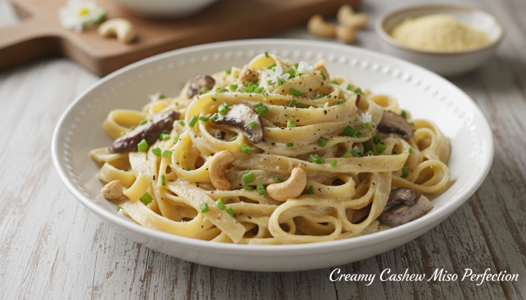Cremige Cashew-Miso-Pasta mit Pilzen Ein Teller cremiger Pasta mit Cashewkernen, Pilzen und Schnittlauch in einer hellen Sauce.