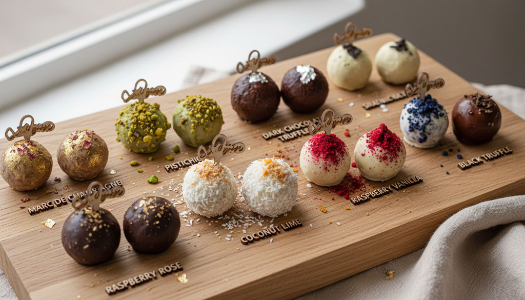 Assortierte Pralinen auf Holzplatte Verschiedene bunte Pralinen in Reihen auf einer Holzplatte, jeweils mit Geschmacksbezeichnungen wie Pistazie, Kokos-Limette oder Himbeer-Vanille.