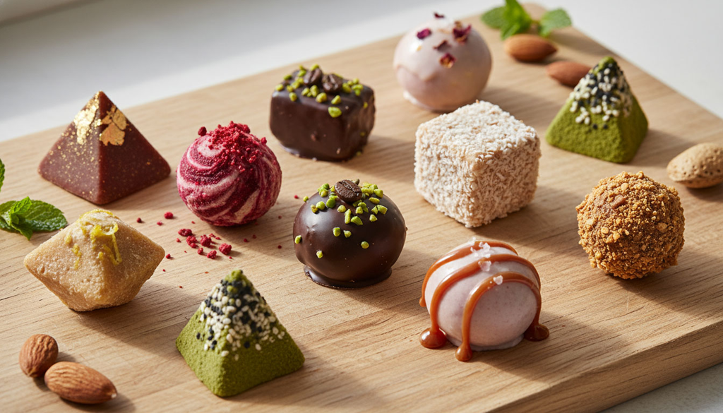 Auswahl bunter Pralinen auf Holzbrett Verschiedene kunstvoll verzierte Pralinen in Kugel- und Pyramidenform auf einem Holzbrett arrangiert