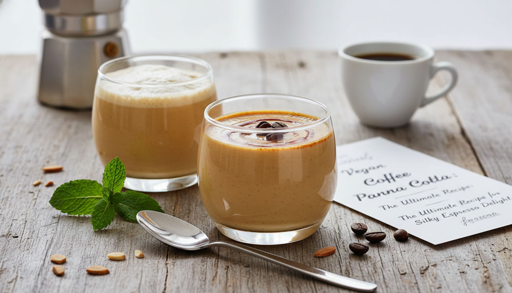 Veganer Kaffee-Panna-Cotta Nachtisch Zwei Gläser mit veganer Kaffee-Panna-Cotta auf Holztisch, daneben Minze, Löffel, Kaffeebohnen und eine Tasse Kaffee.