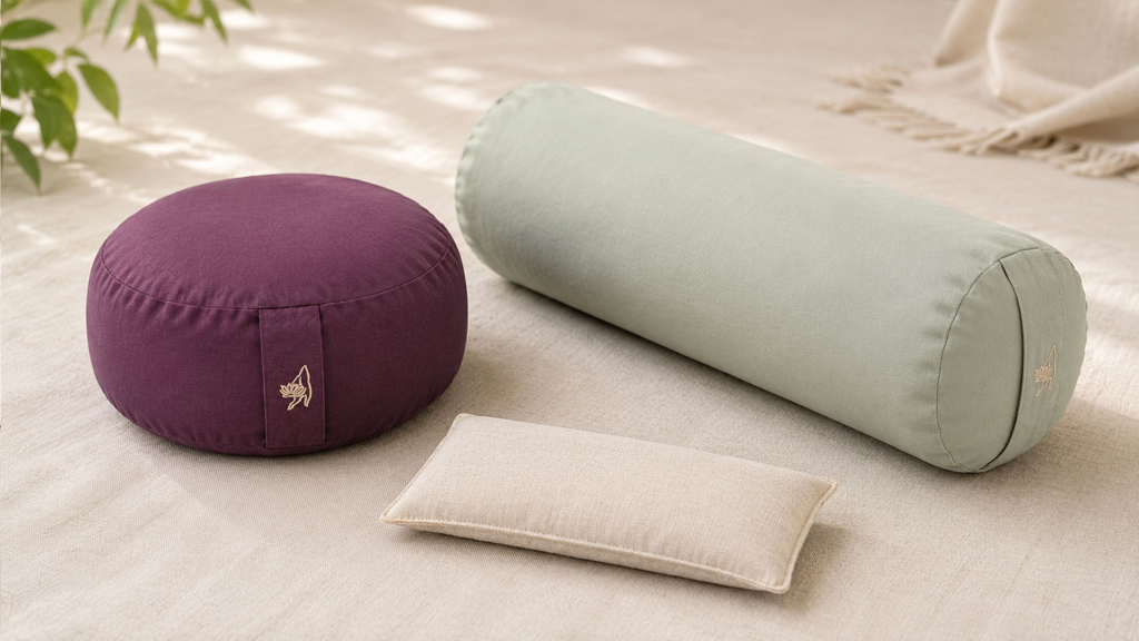 Meditationskissen und Bolster auf Yogamatte Beiges Meditationskissen, lilafarbenes Bolster und blaues kleines Kissen auf einer hellen Yogamatte