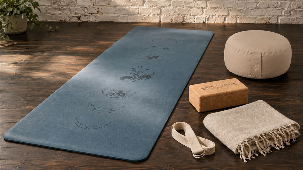 Yoga-Matte und Zubehör in ruhiger Studio-Atmosphäre Yoga-Matte mit Mondphasen-Design auf Holzboden, dazu Meditationskissen, Yogablock, Gurt und Decke