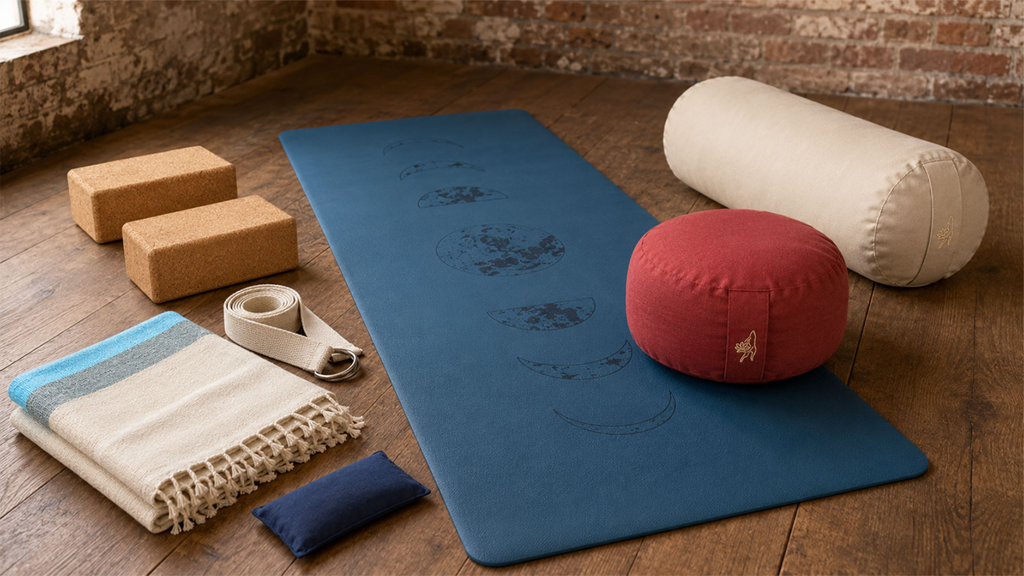 Yoga Produkte für zu Hause sinnvoll auswählen Yoga Produkte für zu Hause mit Yogamatte, Yogakissen, Korkblöcken, Gurt, Decke und Bolster