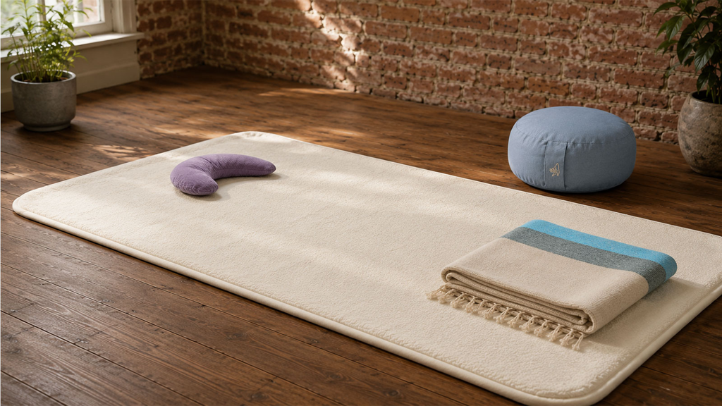Feldenkrais-Methode mit ruhiger Unterlage vorbereiten Feldenkrais-Unterlage mit Schurwollmatte, Decke und kleinem Kissen in ruhigem Praxisraum