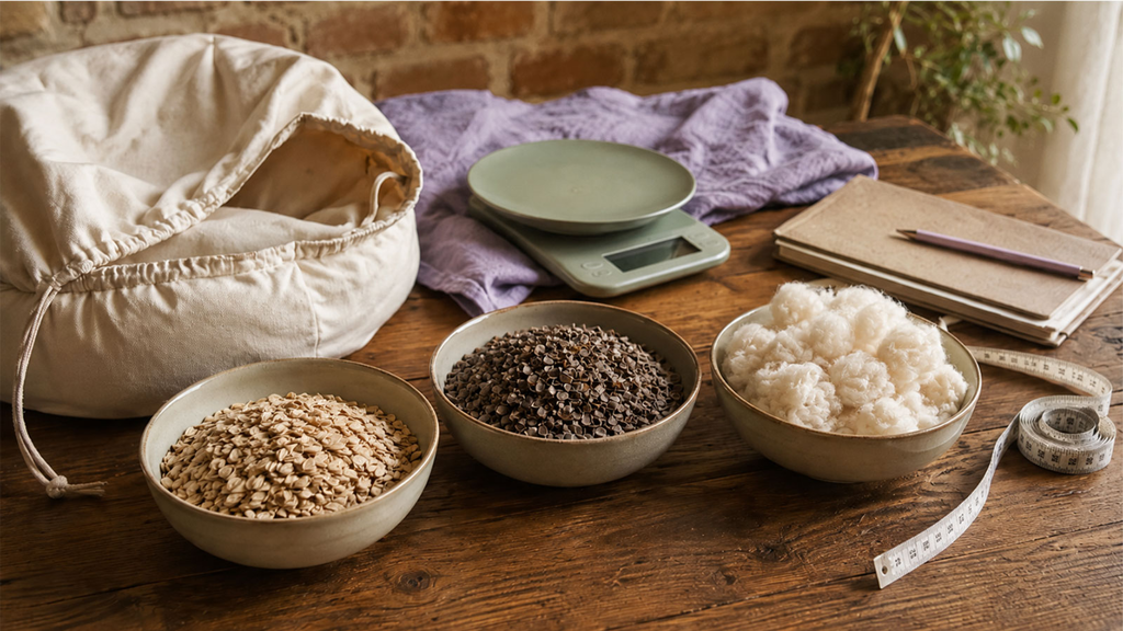 Füllmengen für Naturkissen berechnen Füllmengen-Rechner für Naturkissen mit Dinkelspelzen, Buchweizenschalen, Kapok, Waage und Maßband