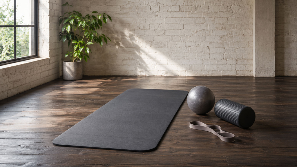 Yogamatte mit Fitnesszubehör im hellen Trainingsraum Pilatesmatte mit Ball, Rolle und Übungsband als ruhige Ausstattung für Reformer-inspiriertes Pilates zu Hause