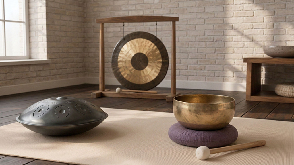 Klangschalen, Gong und Handpan im Meditationsraum Klangschale, kleiner Gong und Handpan als ruhige Klanginstrumente für Sound Bath zu Hause
