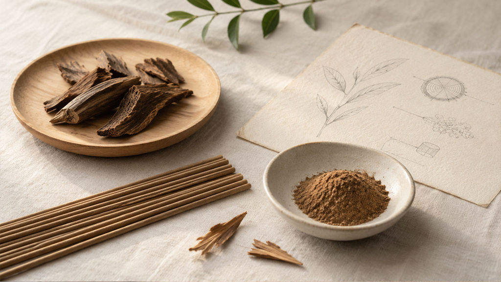 Agarholz, Sandelholz und CITES: worauf du bei edlen Räucherstäbchen achten solltest Räucherstäbchen mit Holzspänen und botanischen Notizen zu Agarholz und Sandelholz auf ruhiger Naturunterlage