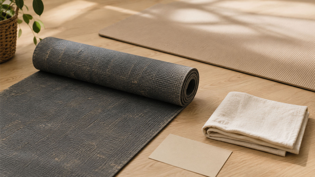 Alte Yogamatte weiterverwenden oder entsorgen: warum Recycling nicht immer die beste Lösung Alte Yogamatte mit Notizkarte für Weitergabe Entsorgung und Materialcheck
