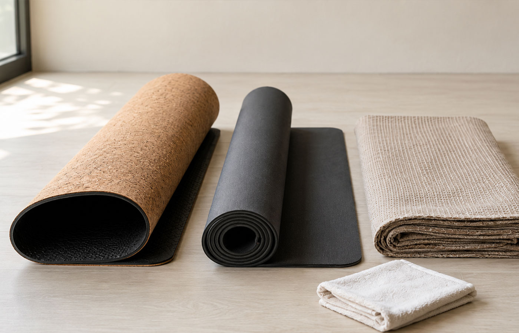 Yogamatten und Handtücher auf hellem Boden Zwei zusammengerollte Yogamatten, eine Korkmatte und eine schwarze Matte, neben einem gefalteten gewebten Tuch und einem kleinen weißen Handtuch auf hellem Holzboden.