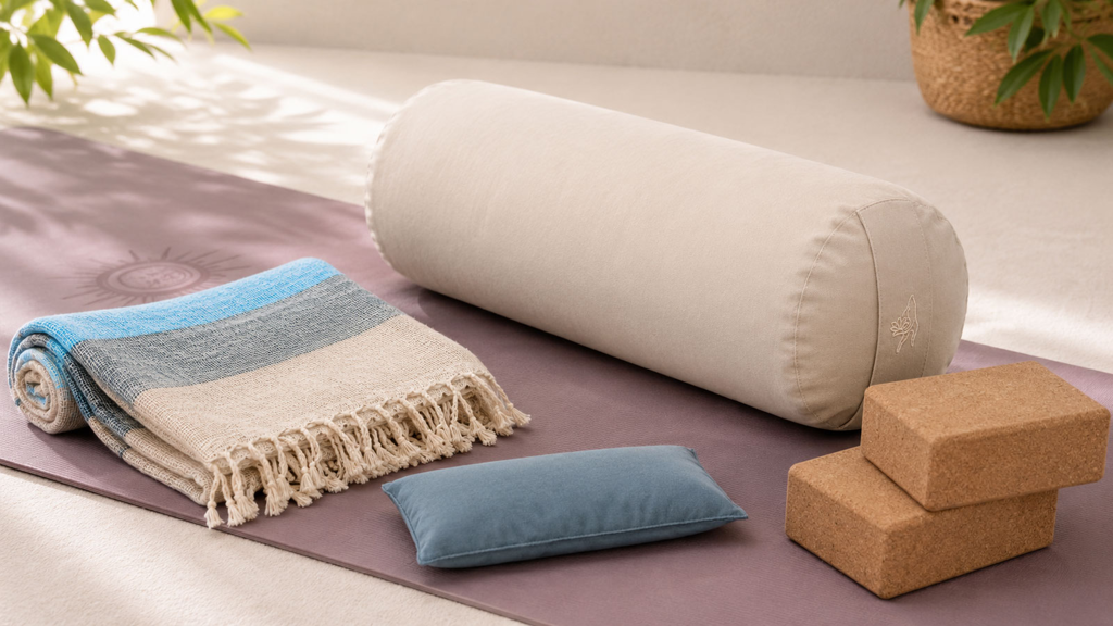 Wozu ist ein Yoga Bolster gut? Formen, Einsatzbereiche und Auswahl ruhig erklärt Rundes Yoga Bolster, rechteckiges Bolster, Yogadecke und Augenkissen als Auswahlhilfe für ruhige Praxis